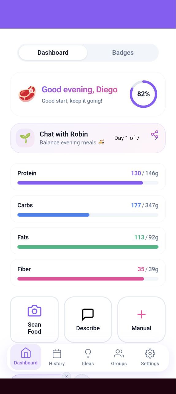 Chowdown macro tracking dashboard showing daily protein, carbs, fats and calorie progress