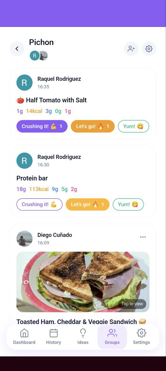 Chowdown social groups feature — share meals and motivate friends